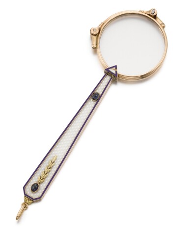 View full screen - View 1 of Lot 81. A Fabergé jewelled and guilloché enamel gold-mounted lorgnette, workmaster Henrik Wigström, St Petersburg, circa 1904.