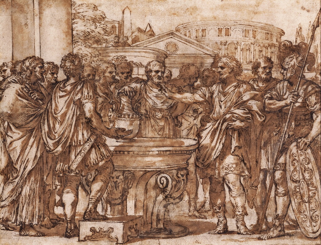 View full screen - View 1 of Lot 212. Recto: Julius Caesar preferring his Agrarian Law Verso: A partial male figure study and a study of a kneeling child with clasped hands.