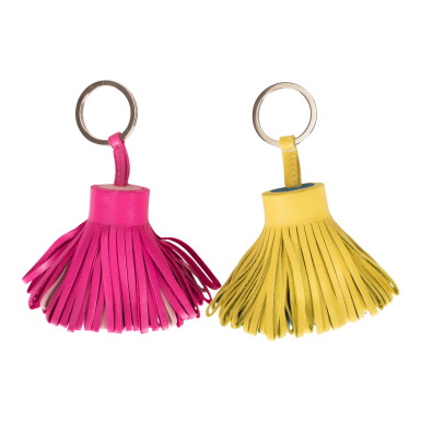 View full screen - View 1 of Lot 132. Set of Two Hermès Bicolor Carmen Keychains: Soufre/Cobalt and Rose Tyrien/5P Bubblegum.