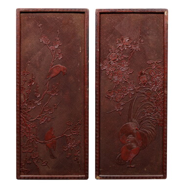 View full screen - View 1 of Lot 221. Two carved red lacquer 'birds and flowers' panels Probably Japan, Edo period, 19th century | 或為日本 江戶時代 十九世紀 剔紅錦地雕喜上梅梢掛屏兩件.