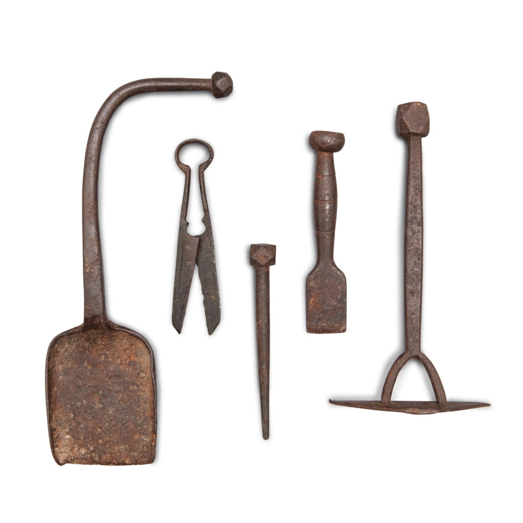 View full screen - View 1 of Lot 401. Group of Miniature American Wrought Iron Tools, Early 19th century.