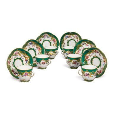 View full screen - View 1 of Lot 658. A SET OF SIX SEVRES APPLE-GREEN-BORDERED COFFEE CUPS AND SAUCERS, CIRCA 1763.