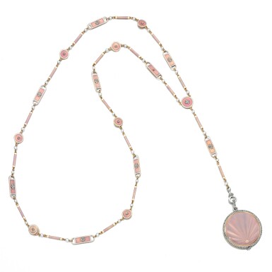 View full screen - View 1 of Lot 97. Enamel, seed pearl and diamond pendant watch.