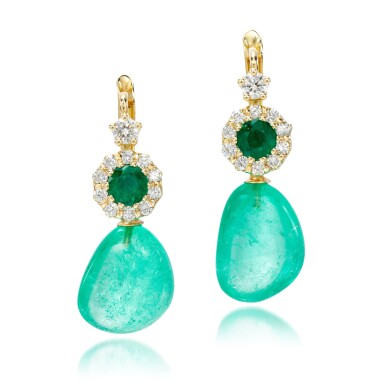 View full screen - View 1 of Lot 19. Pair of emerald and diamond earrings.