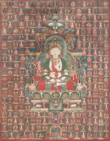 View full screen - View 1 of Lot 16. An important thangka depicting Shenlha Wökar, Tibet, 16th century | 西藏 十六世紀 辛拉哦噶唐卡 設色布本.
