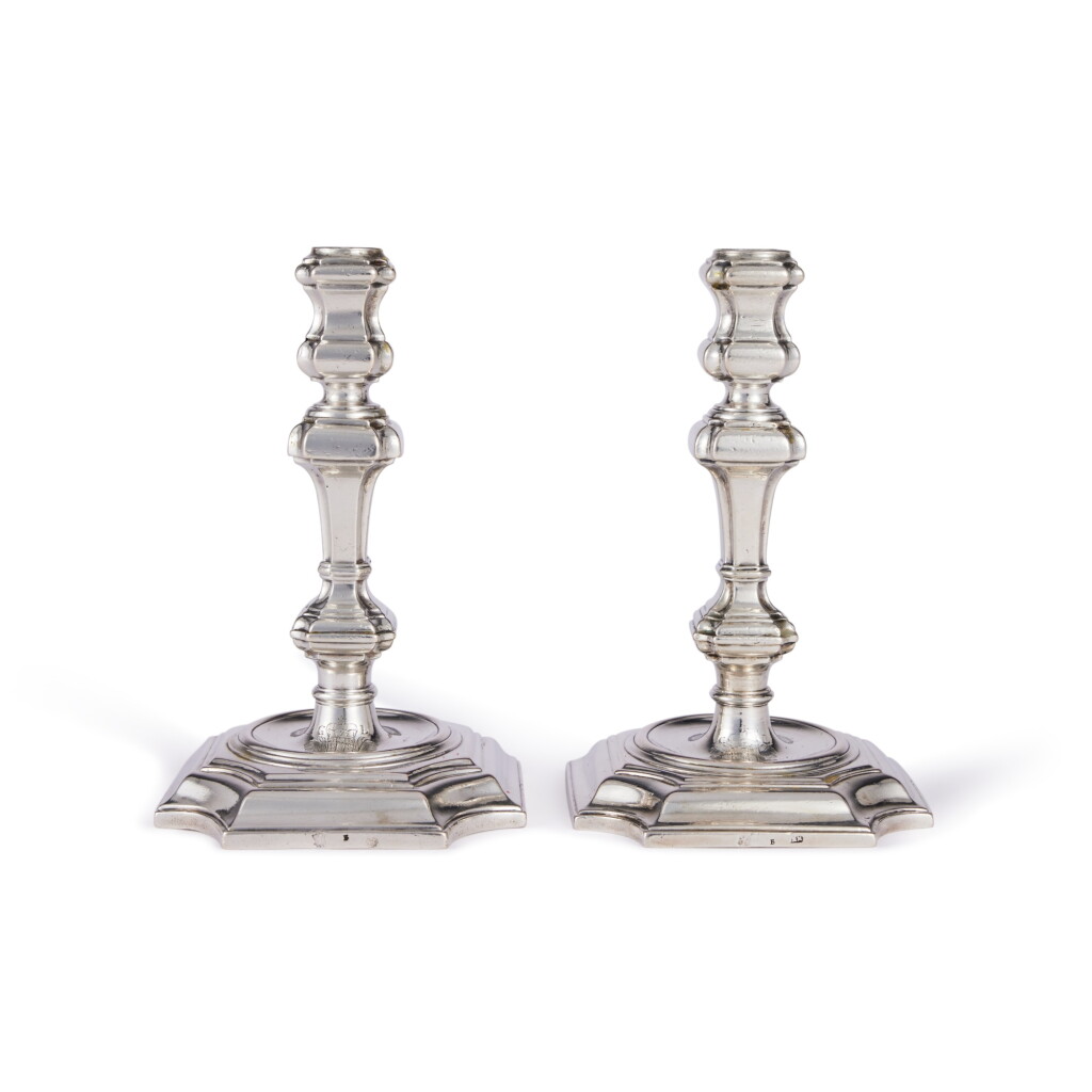 View full screen - View 1 of Lot 65. Royal: A Pair of German Silver Candlesticks, One Conrad Hermann Mundt, The Other Alexander Heinrich Diester, Both Hanover 1726.