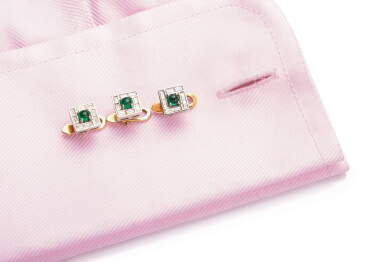 View full screen - View 1 of Lot 1080. THREE EMERALD AND DIAMOND DRESS STUDS.