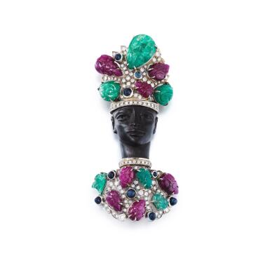 View full screen - View 1 of Lot 115. Wood, ruby, emeralds, sapphires and diamonds 'Moretto' brooch .
