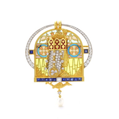 View full screen - View 1 of Lot 42. MASRIERA | ENAMEL, SAPPHIRE AND DIAMOND BROOCH/PENDANT.