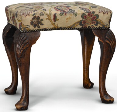 View full screen - View 1 of Lot 56. A GEORGE II STYLE WALNUT STOOL.
