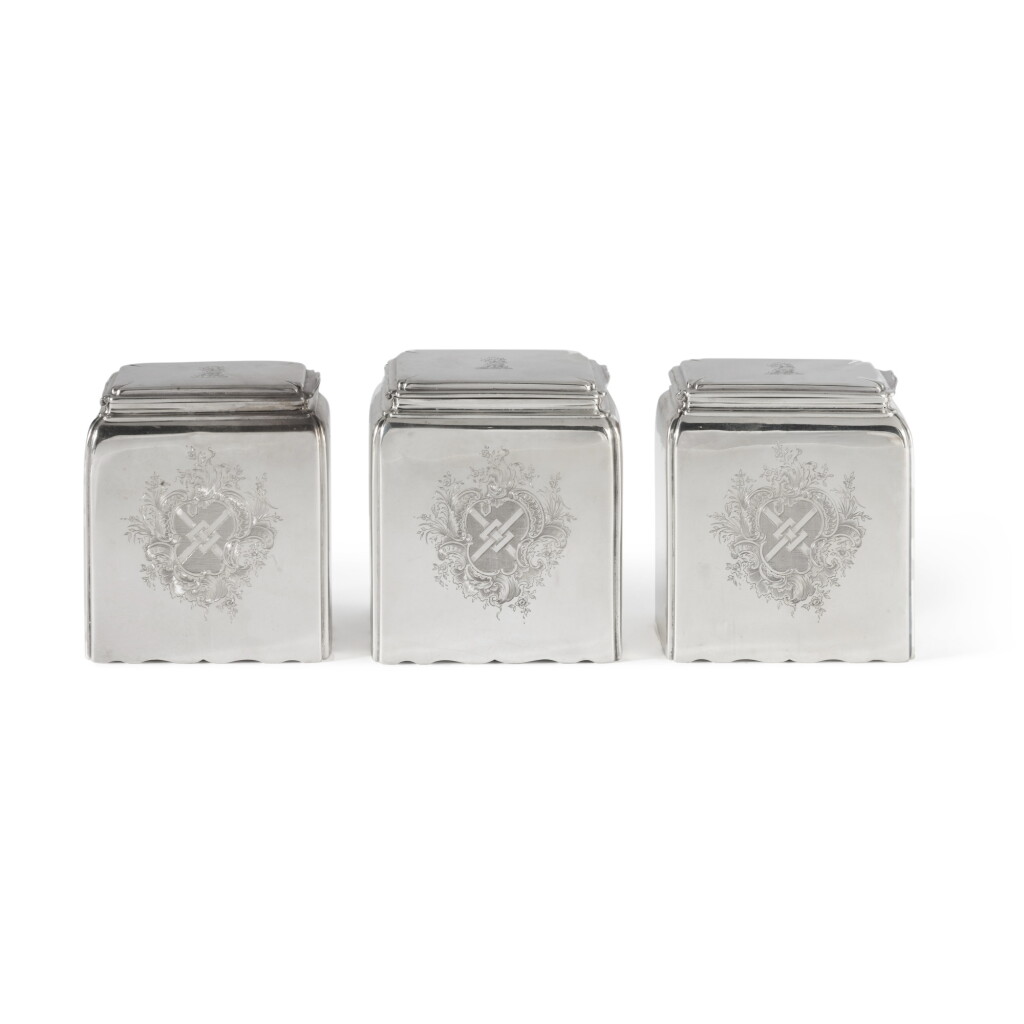 View full screen - View 1 of Lot 405. A George III Silver Tea Caddy Set, Pierre Gillois, London, 1763.