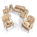 A suite of Louis XVI tapestry-covered grey-painted carved seat furniture, circa 1780, stamped by Jean Avisse and Pierre Brizard