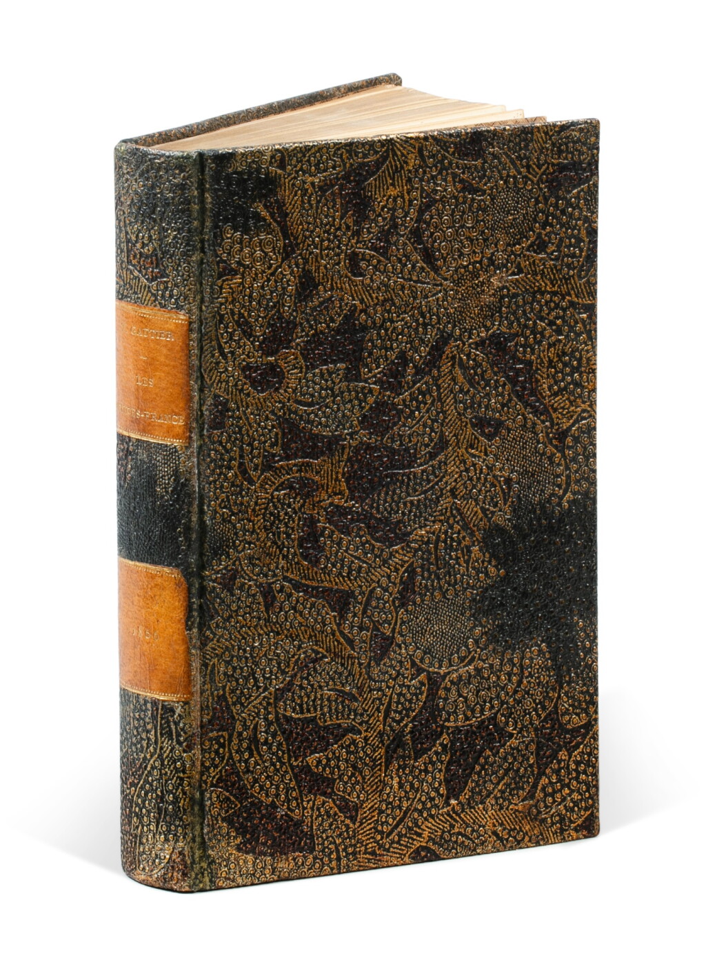 View full screen - View 1 of Lot 129. Les Jeunes-France. 1866. Frontispice de Rops. Belle reliure japonisante de l'époque. Exemplaire aux multiples provenances bibliophiliques..