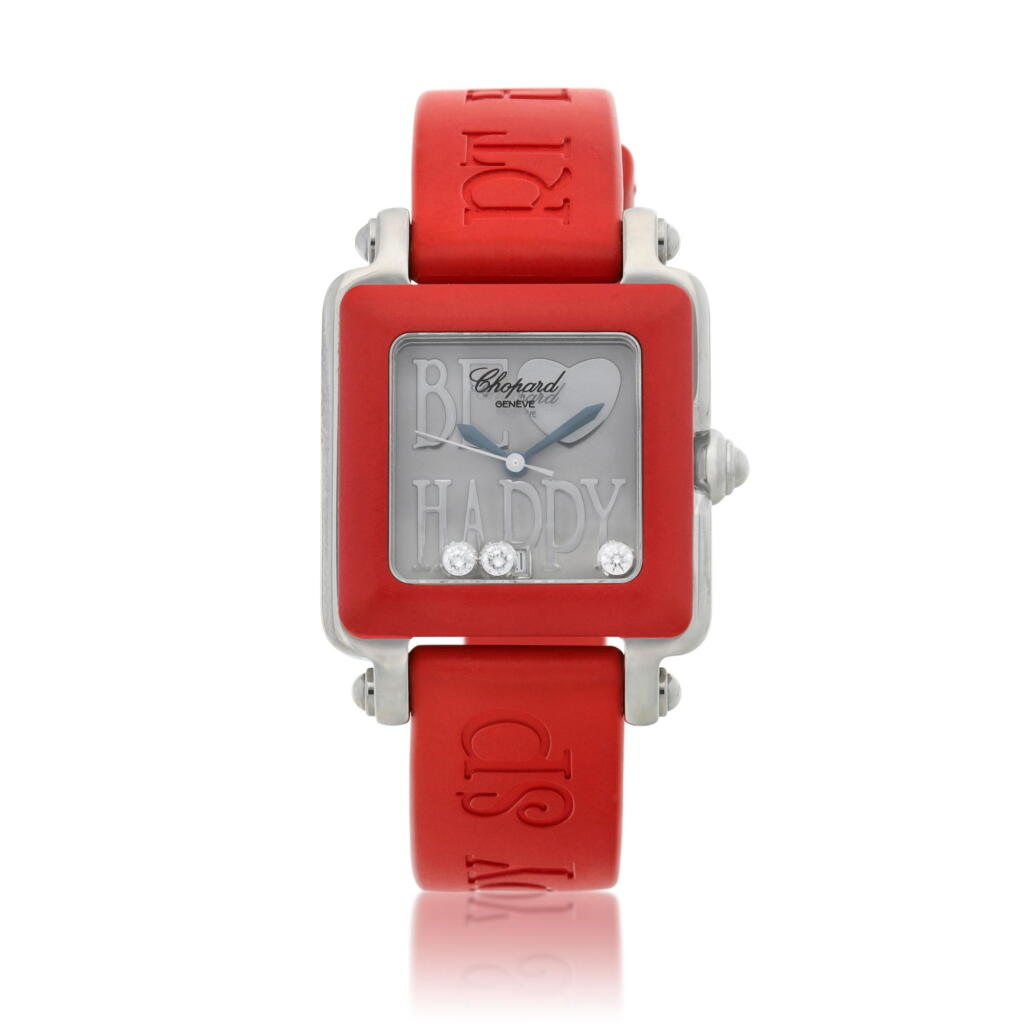 View full screen - View 1 of Lot 79. Reference 27/8896 402 Happy Sport 'Be Happy' A stainless steel square shaped wristwatch with date and diamond-set dial, Circa 2010.