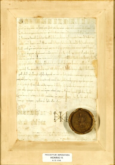 View full screen - View 1 of Lot 38. Imperial Charter-- Emperor Henry V | Imperial Charter issued by Emperor Henry V of the Holy Roman Empire, 1116, with Imperial monogram and seal.