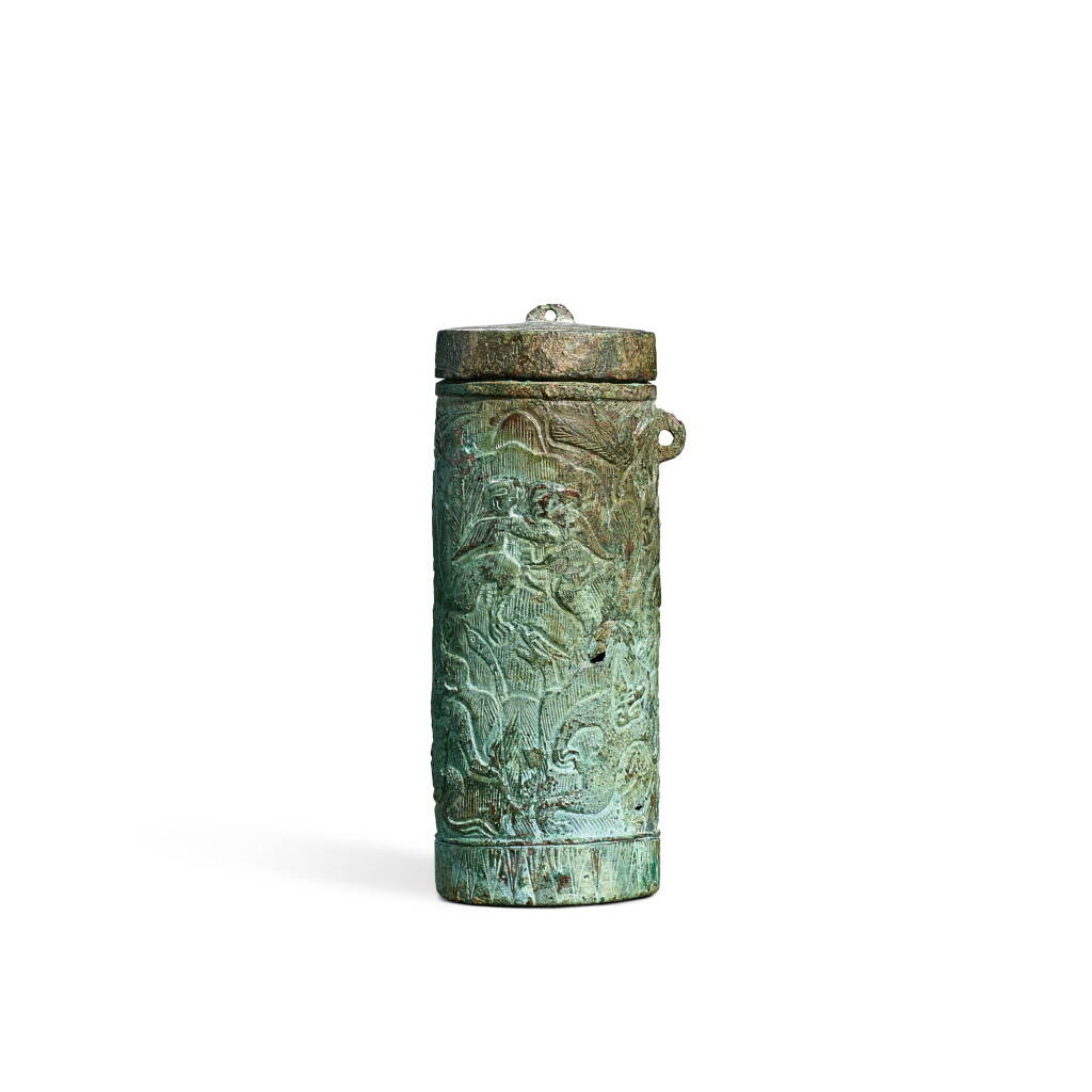 View full screen - View 1 of Lot 3598. A bronze 'mythical beasts' seal paste tube and cover, Han dynasty | 漢 青銅瑞獸紋封泥筒.
