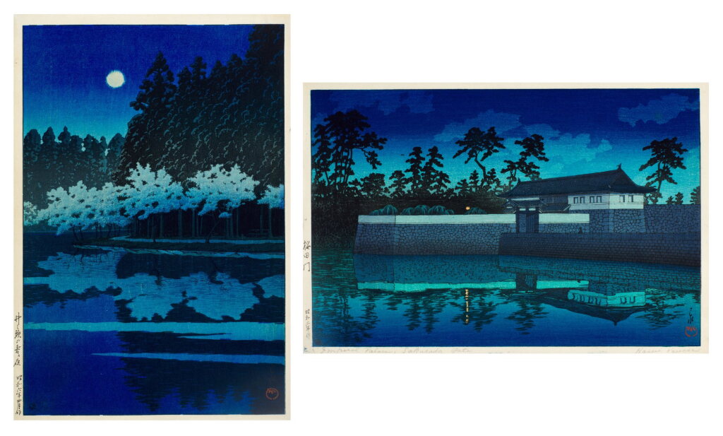 View full screen - View 1 of Lot 128. Kawase Hasui (1883-1957) | Two woodblock prints depicting night scenes | Showa period, 20th century .