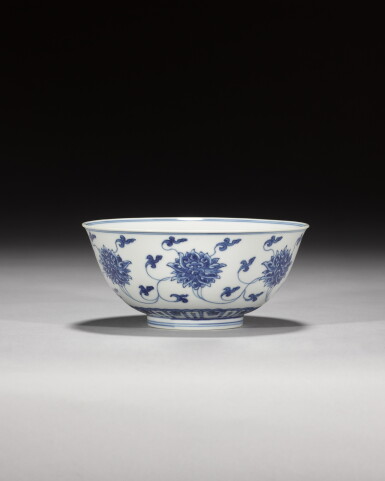 View full screen - View 1 of Lot 155. A blue and white 'lotus' bowl, Mark and Period of Kangxi | 清康熙 青花纏枝蓮紋盌《大清康熙年製》款.