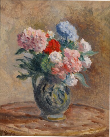 View full screen - View 1 of Lot 1. Hortensias et roses dans un vase.