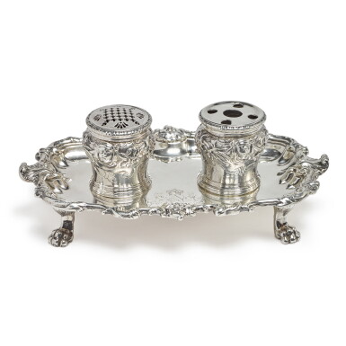 View full screen - View 1 of Lot 218. A GEORGE II SILVER INKSTAND, PAUL DE LAMERIE, LONDON, 1741.