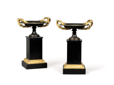 View full screen - View 1 of Lot 387. A pair of Napoleon III gilt and patinated bronze and black marble mounted tazzas.