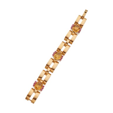 View full screen - View 1 of Lot 6. Gold, Citrine and Ruby Bracelet.