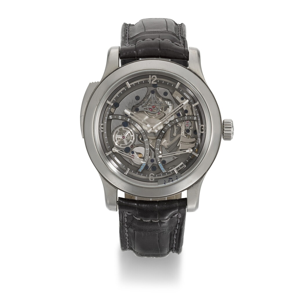 View full screen - View 1 of Lot 353. JAEGER LECOULTRE | MASTER GRANDE TRADITION MINUTE REPEATER, REF 151.T.67.S, LIMITED EDITION TITANIUM SKELETONISED MINUTE REPEATING WRISTWATCH WITH 15-DAY POWER RESERVE AND TORQUE INDICATION, CIRCA 2012.