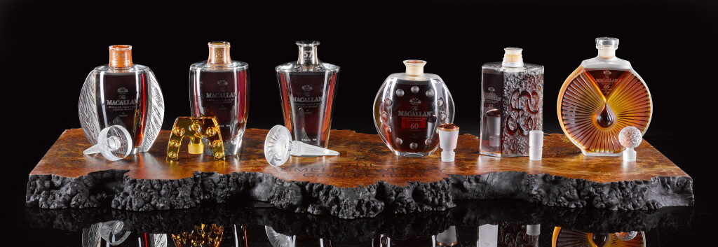 View full screen - View 1 of Lot 11. The Macallan in Lalique Six Pillars Collection with bespoke Burr Elm Podium (6 BT75 + Experience).