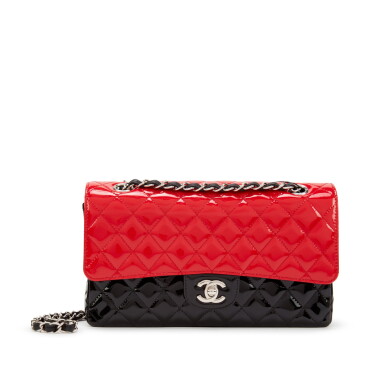 View full screen - View 1 of Lot 37. Black and Red Quilted Patent Medium Classic Double Flap Bag Silver Hardware, 2020.