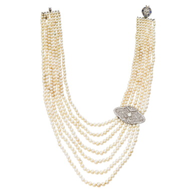View full screen - View 1 of Lot 92. Collier perles de culture et diamants | Cultured pearl and diamond necklace.