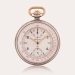 A silver and gold open-faced keyless lever single button chronograph watch with register and fitted box