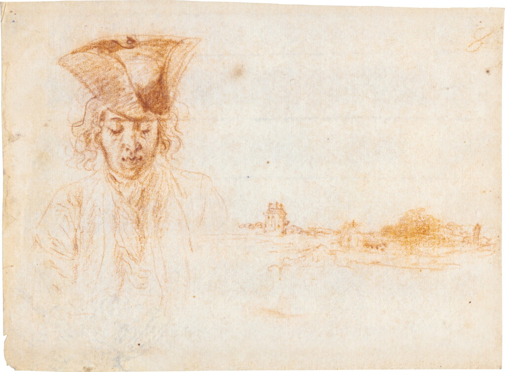 View full screen - View 1 of Lot 29. The bust of a young man looking down, wearing a tricorn hat, to the right a landscape with buildings.