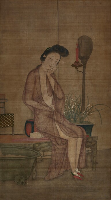 View full screen - View 1 of Lot 3655. Meiren at her Bath, Qing dynasty, 18th century | 清十八世紀 〈美人沐浴圖〉軸 設色絹本.