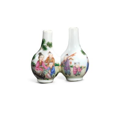 View full screen - View 1 of Lot 3437. A painted enamel 'ladies and boys' double vase, Republican period | 民國 瓷胎畫琺瑯仕女嬰戲圖雙聯瓶 《乾隆年製》仿款.