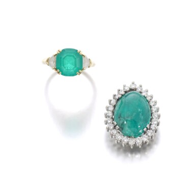 View full screen - View 1 of Lot 1172. Emerald and diamond ring and a pendant.