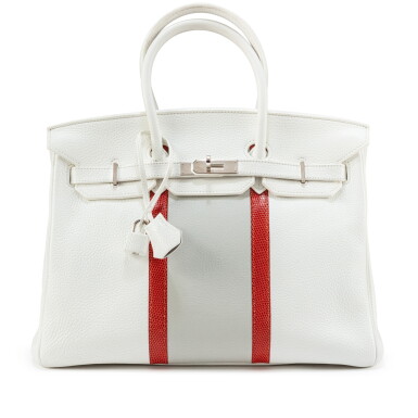 View full screen - View 1 of Lot 607. Limited Edition Gris Perle, Blanc Clemence and Sanguine Lizard Club Birkin 35 Palladium Hardware, 2011.