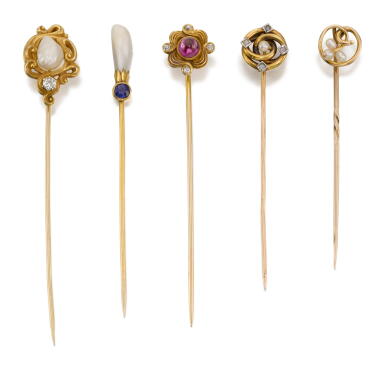 View full screen - View 1 of Lot 1046. FIVE GEM SET STICK PINS.