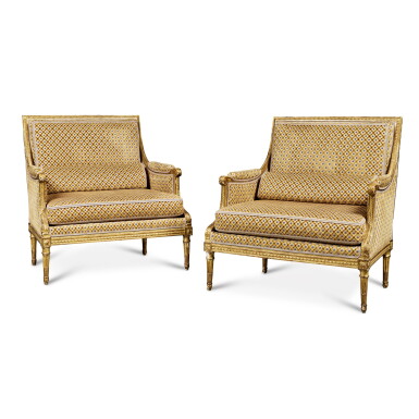 View full screen - View 1 of Lot 49. A Pair of Louis XVI Upholstered and Carved Giltwood Marquises, Circa 1780, Stamped C SENE.