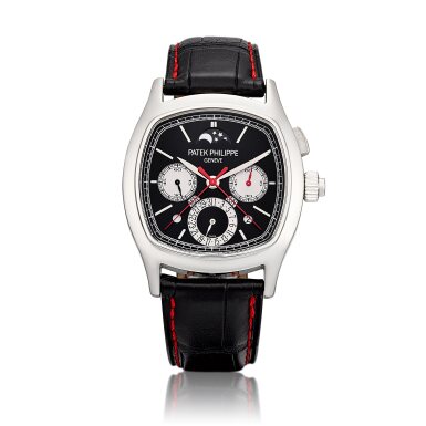 View full screen - View 1 of Lot 2241. Reference 5951 | A platinum perpetual calendar split seconds single button chronograph wristwatch with day, date, moon phases, day and night and leap year indication, Circa 2013 | 百達翡麗 | 型號5951 | 鉑金萬年曆追針單按鈕計時腕錶,備日期,星期,月相、晝夜及閏年顯示,約2013年製.