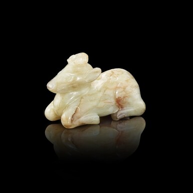 View full screen - View 1 of Lot 3046. A white and russet jade 'deer and lingzhi' group, Ming dynasty or earlier 明或更早 白玉靈芝臥鹿.