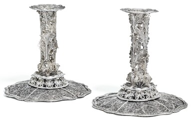 View full screen - View 1 of Lot 74. A PAIR OF SILVER FILIGREE CANDLESTICKS, UNMARKED, CIRCA 1700.