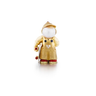 View full screen - View 1 of Lot 180. Broche or, perle de culture et pierres de couleur, "Skateur" | Gold, cultured pearl and gem-set brooch, 'Skateur'.