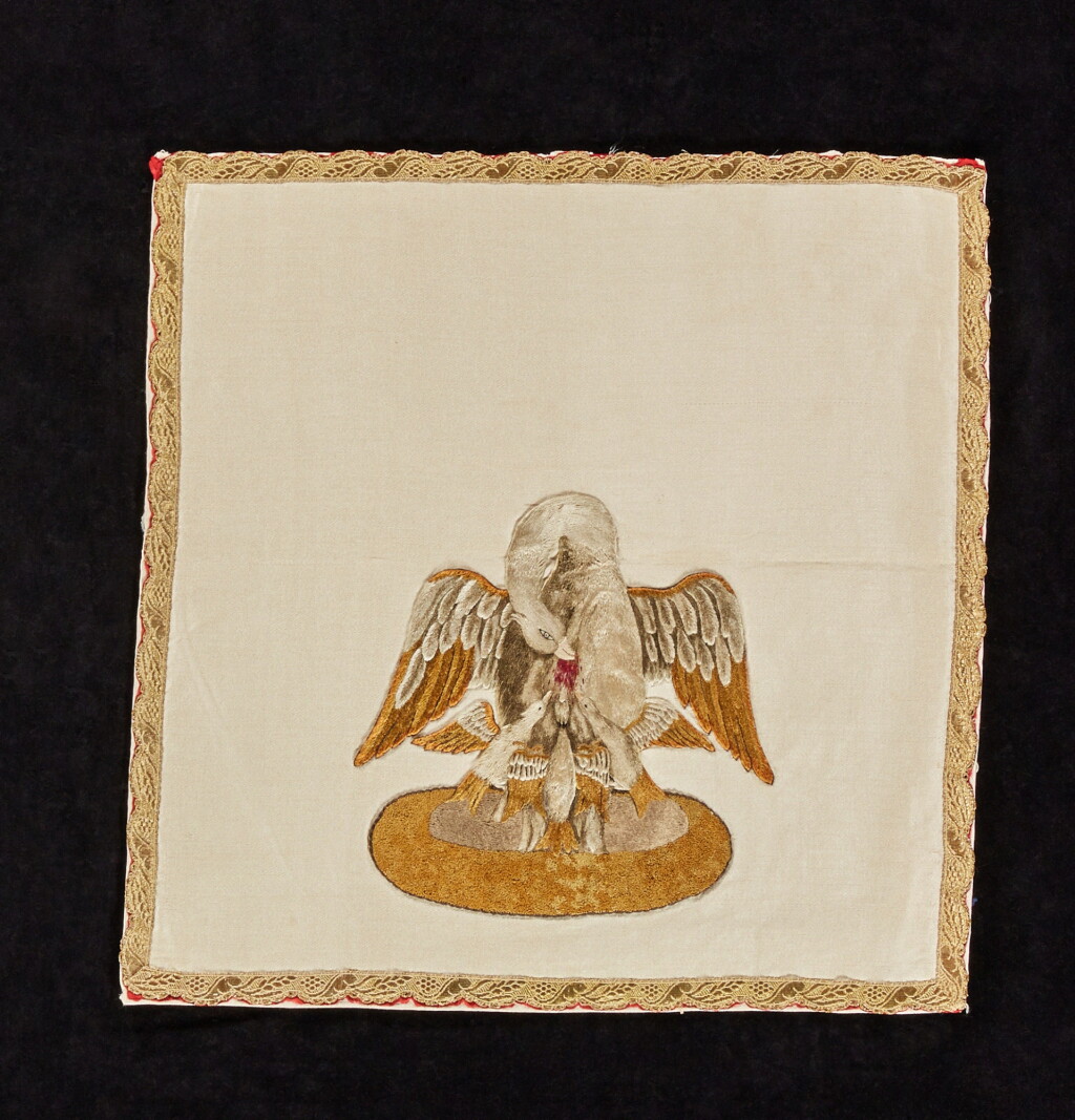 View full screen - View 1 of Lot 256. Two 'Pelican in her piety' embroidered silk, wool and metal-thread chalice veils, European, 18th and 19th century.
