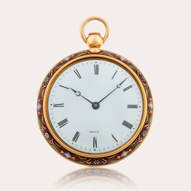 View full screen - View 1 of Lot 41. An important and magnificent 20ct gold, enamel and paillon decorated cabriolet cased quarter repeating watch with duplex escapement and chronometer balance made in the Turkish market style, the cuvette engraved with equation of time.