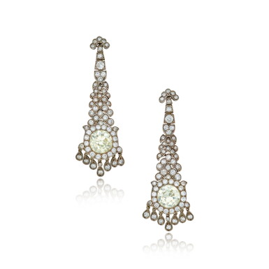 View full screen - View 1 of Lot 403. Pair of Silver-Topped Gold and Diamond Earrings.