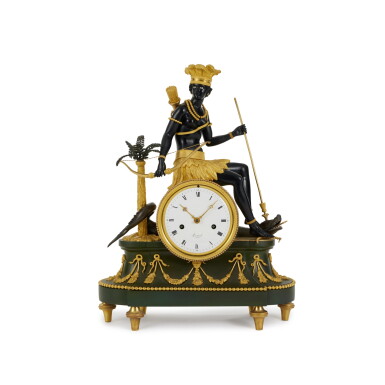 View full screen - View 1 of Lot 58. A Directoire Gilt and Patinated Bronze Sculptural Mantel Clock, L'Amerique, the dial signed Lamiral à Paris, Circa 1800.