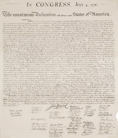 View full screen - View 1 of Lot 1039. Declaration of Independence | Brigham Young's copy of the proof of the Stone facsimile.