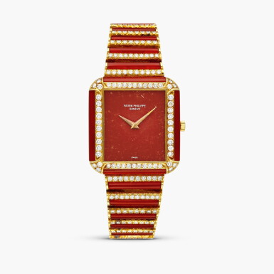 View full screen - View 1 of Lot 2247. Reference 3727 | A yellow gold, diamond and red agate-set bracelet watch with red agate dial, Made in 1977.