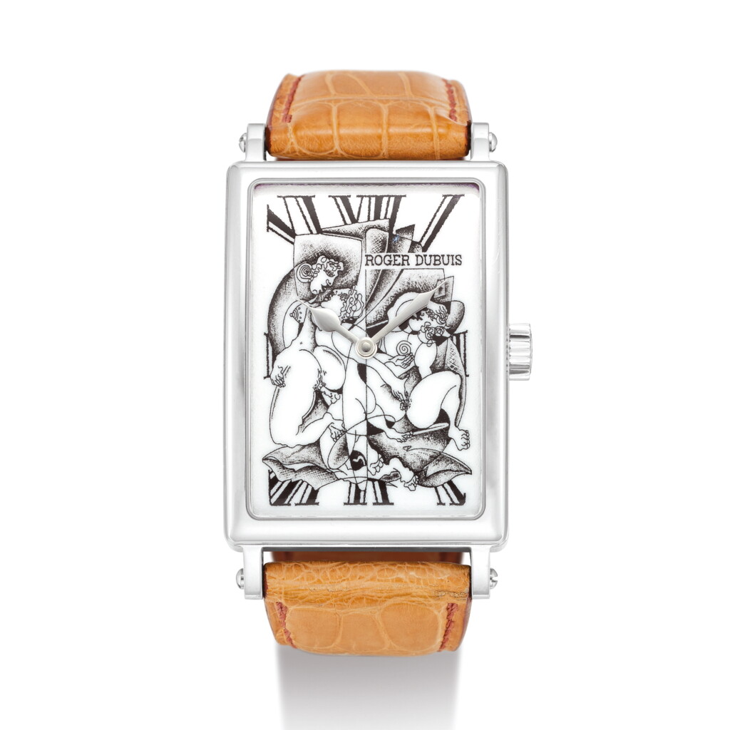 View full screen - View 1 of Lot 2244. ROGER DUBUIS | MUCH MORE, REFERENCE M34570 A LIMITED EDITION WHITE GOLD WRISTWATCH WITH EROTIC ENAMEL DIAL, CIRCA 2003 " | 羅杰杜彼 | Much More 型號M34570 限量版白金腕錶,備琺瑯春宮錶盤,機芯編號3604,錶殼編號7/28,約2003年製".