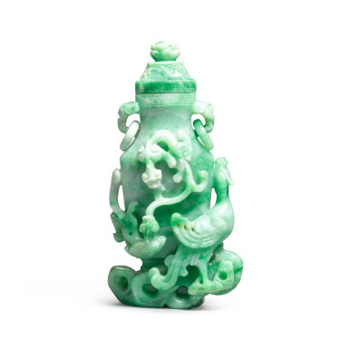 View full screen - View 1 of Lot 272. A JADEITE VASE AND COVER | 翠玉龍鳳呈祥紋活環耳蓋瓶.